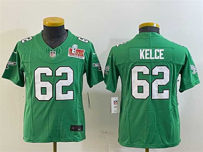 Youth Philadelphia Eagles #62 Jason Kelce Green 2025 Super Bowl LIX Patch F.U.S.E. Throwback Vapor Untouchable Limited Stitched Jersey